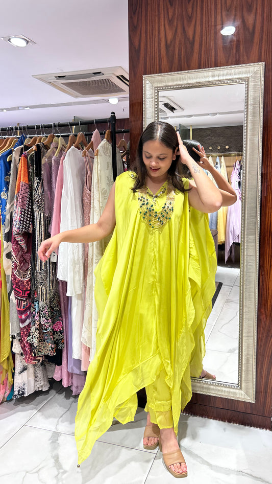 Pree – Neon Green Satin Kaftan Co-ord Set with Golden Sequin Embroidery
