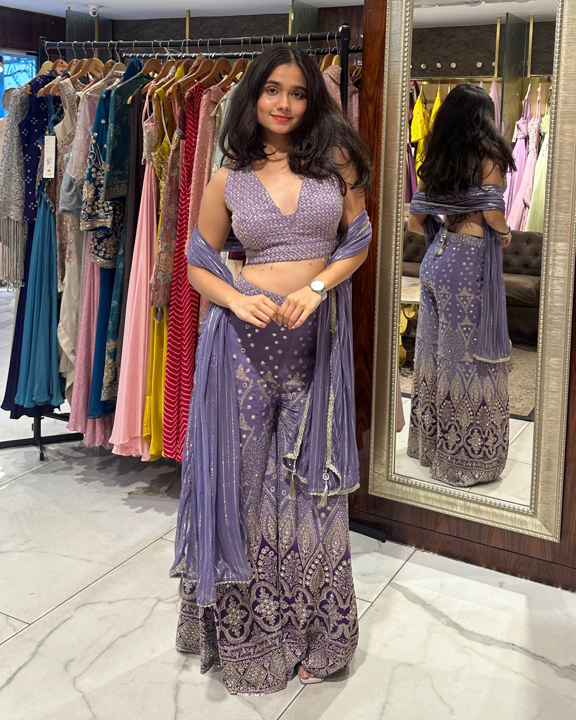 Poo bani Parvati in indo-western set with a blouse, pants and dupatta. Perfect for sangeet, carnival, reception, etc