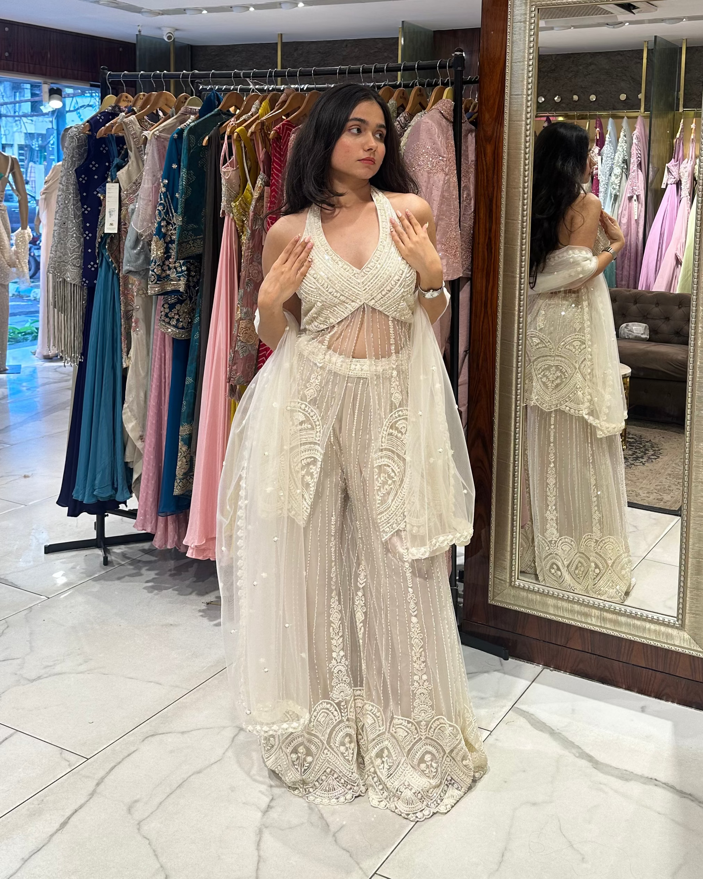 Indo-western ivory outfit for sufi night, sangeet, wedding guest, bridesmaid, etc