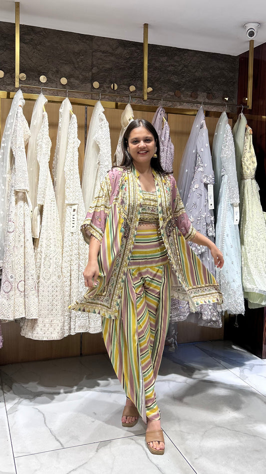 Anvika – Multicoloured Printed Indo-Western Set with Pearl & Mirror Embroidery