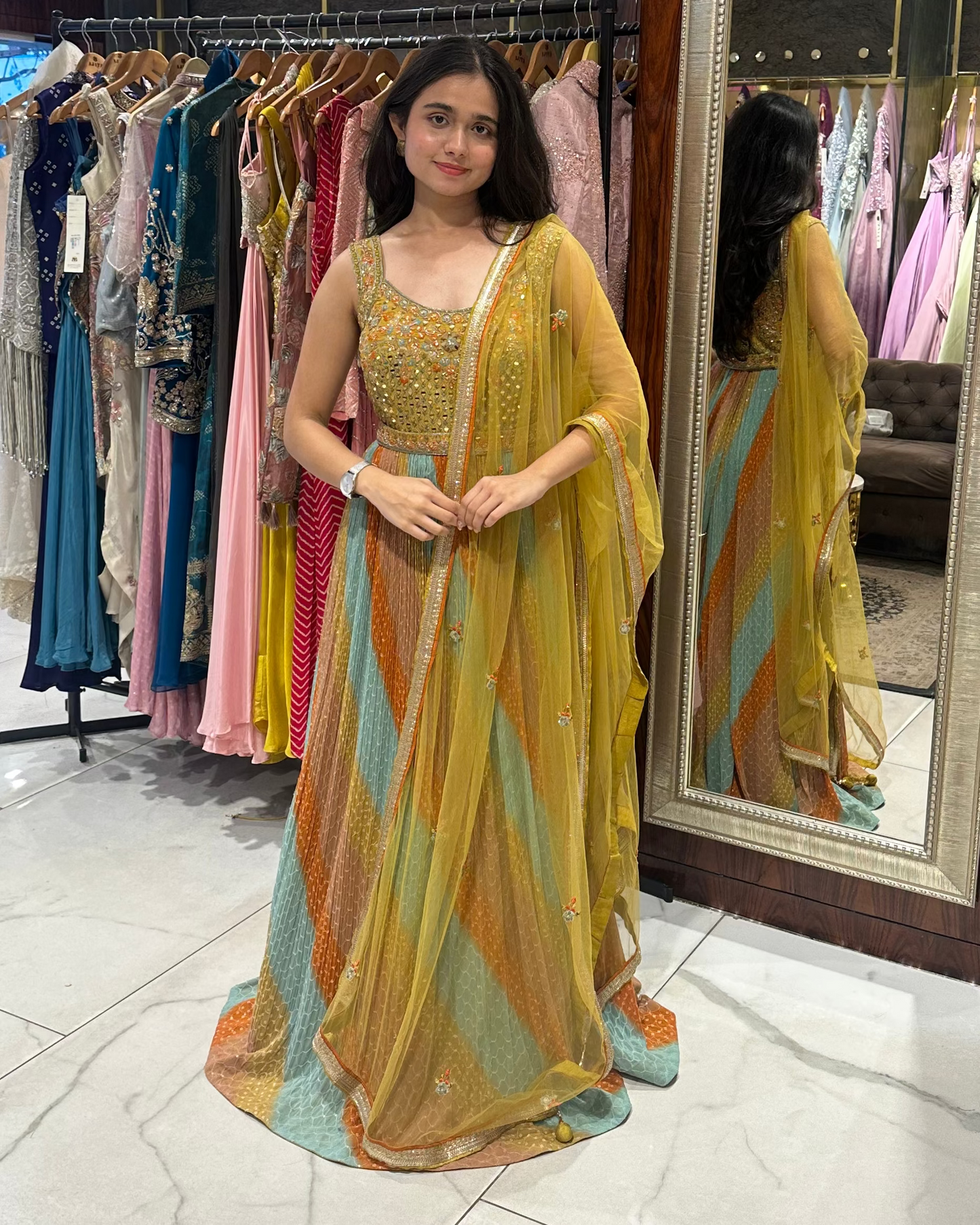 Multicoloured anarkali set for mehendi, haldi, carnival, mayra, bhaat, kirtan