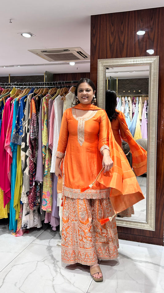 Aayana – Orange Modal Satin Sharara Set with Zari & Golden Sequin Embroidery