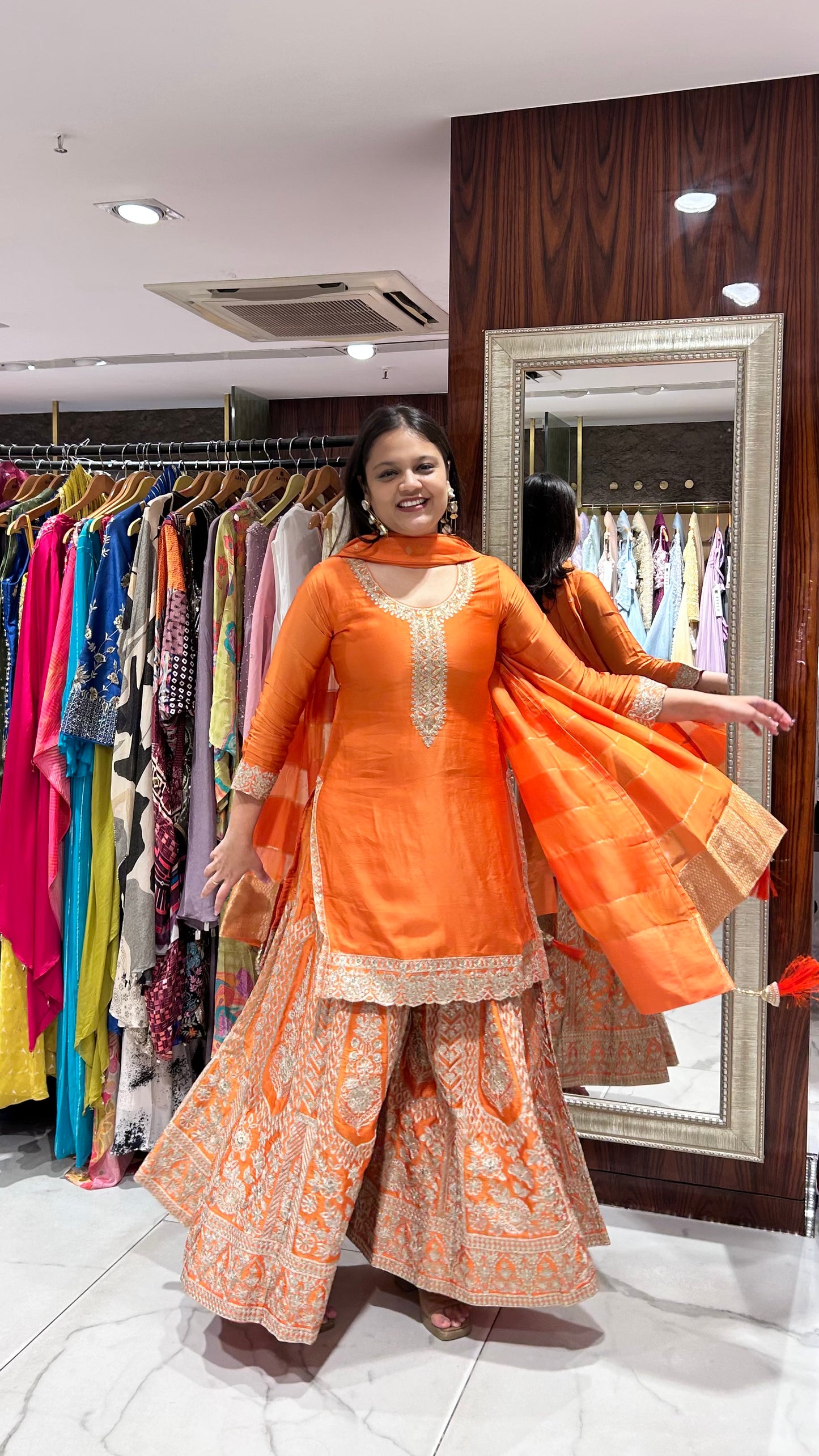 Aayana – Orange Modal Satin Sharara Set with Zari & Golden Sequin Embroidery