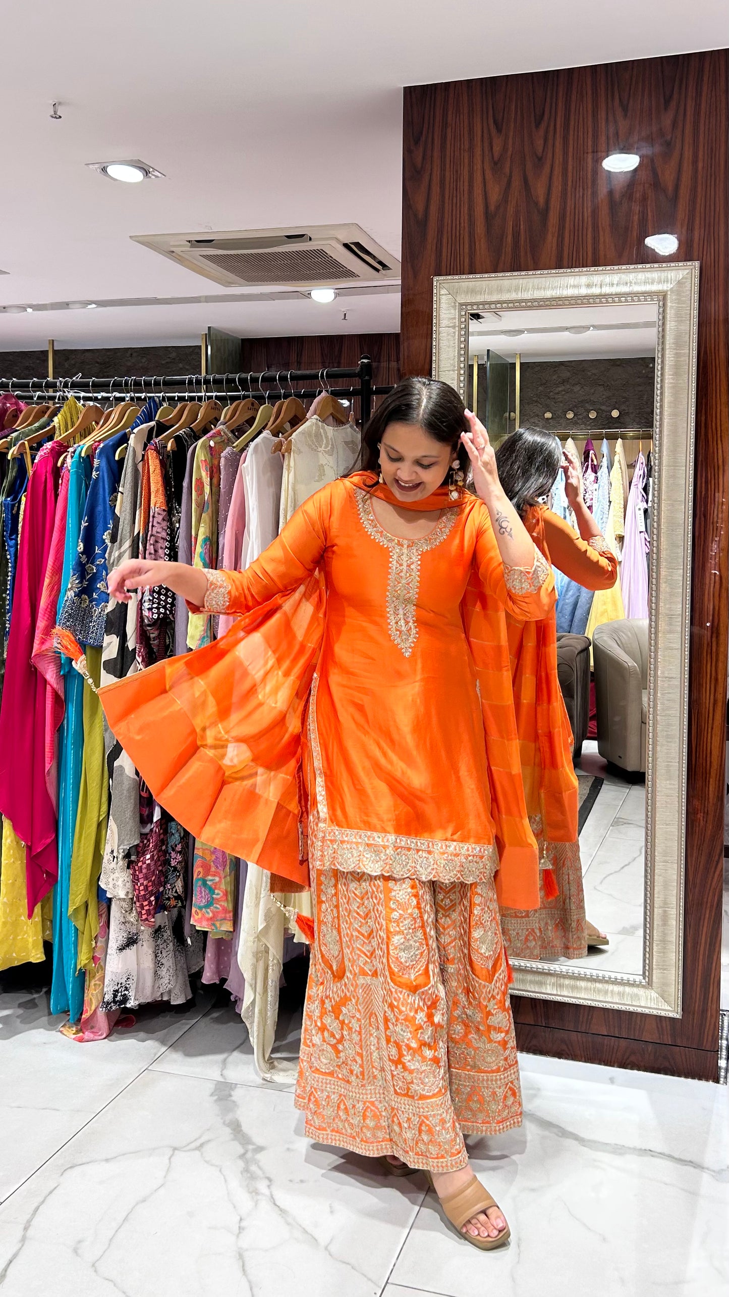 Aayana – Orange Modal Satin Sharara Set with Zari & Golden Sequin Embroidery