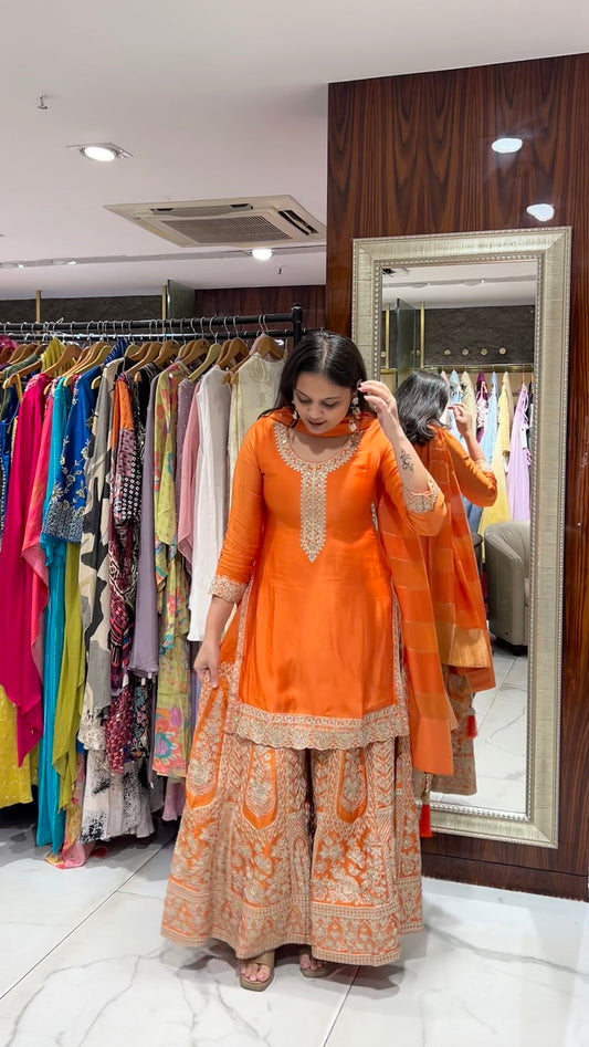 Aayana – Orange Modal Satin Sharara Set with Zari & Golden Sequin Embroidery