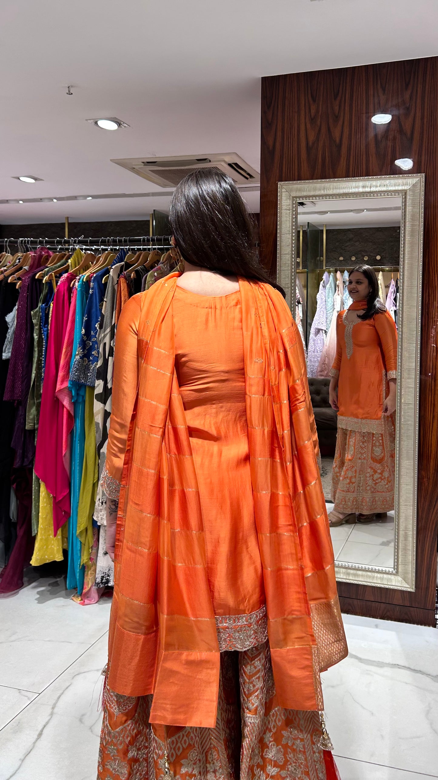 Aayana – Orange Modal Satin Sharara Set with Zari & Golden Sequin Embroidery