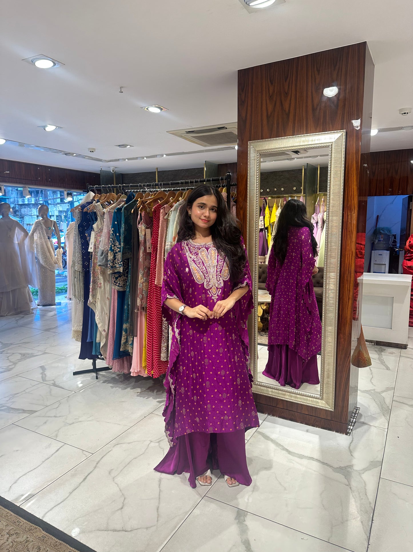 Ilaya Wine Bandhej Print Indo-Western Kaftan Set