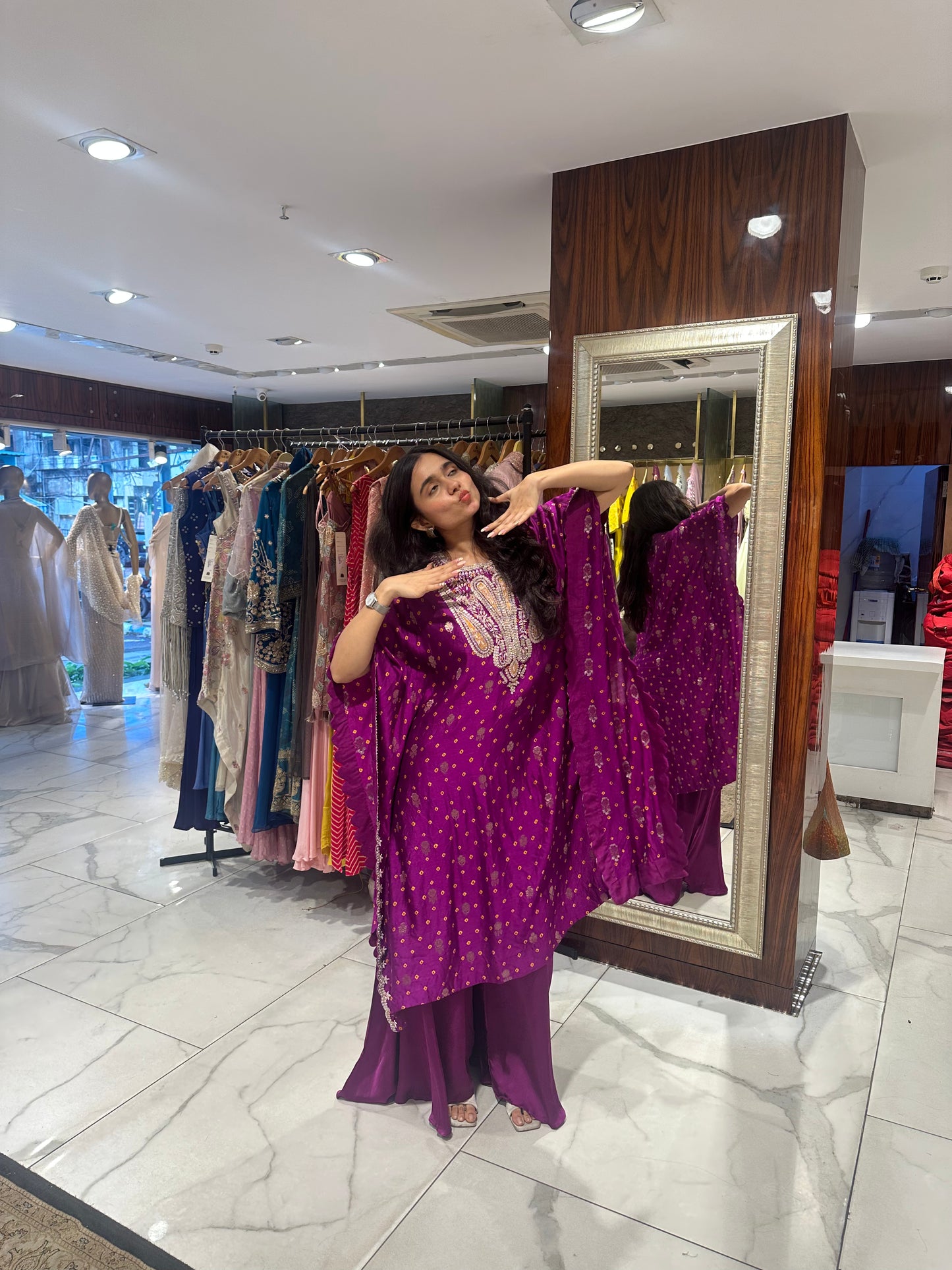 Ilaya Wine Bandhej Print Indo-Western Kaftan Set