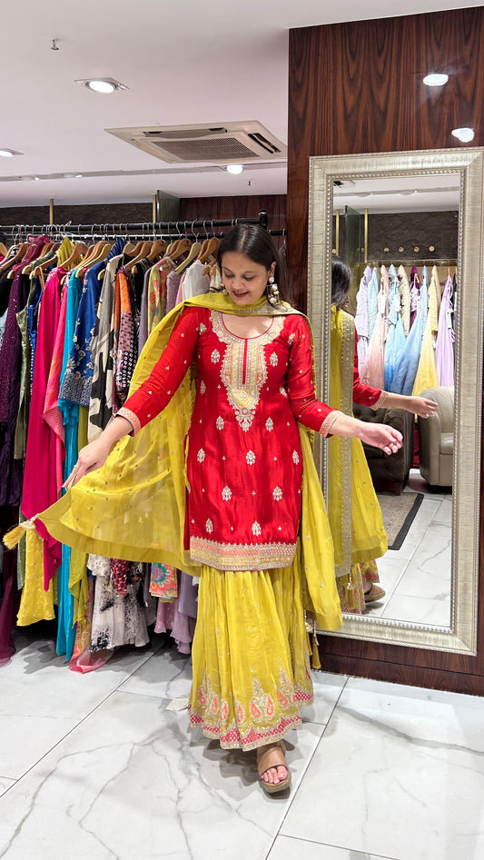 Ana – Red & Yellow Luxe Silk Festive Sharara Set