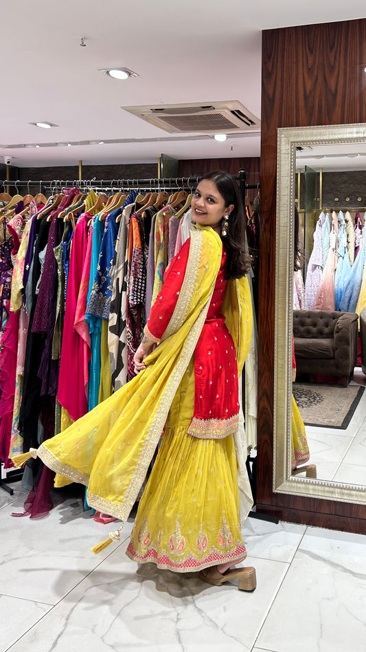 Ana – Red & Yellow Luxe Silk Festive Sharara Set