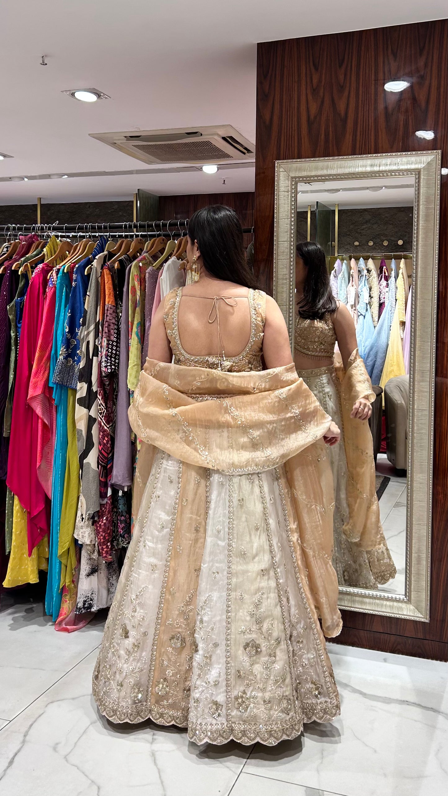 Reina – Beige Gold Tissue Lehenga with Heavy Golden Zari & Sequin Embroidery