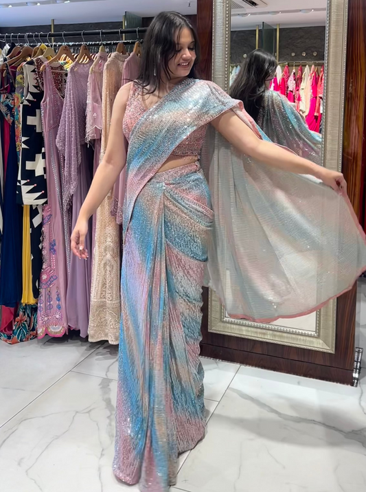 Celeste – Multicoloured Drape Pre-Stitched Saree with Hand-Embroidered Raw Silk Blouse