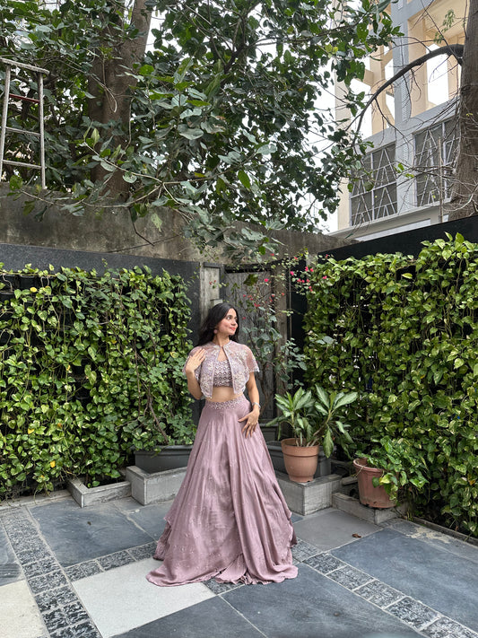 Ziva Rose Gold Embroidered Cape Skirt Set