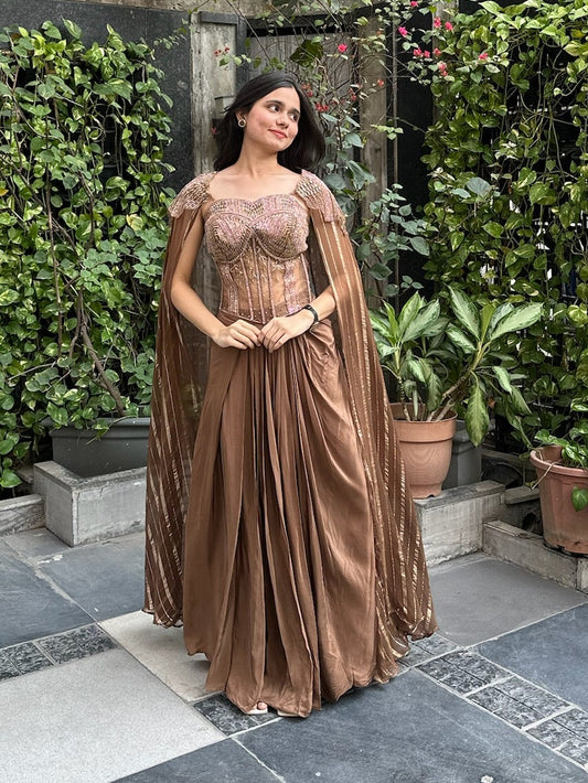 Corset style designer drape outfit for sangeet, sufi night, bridesmaids, etc