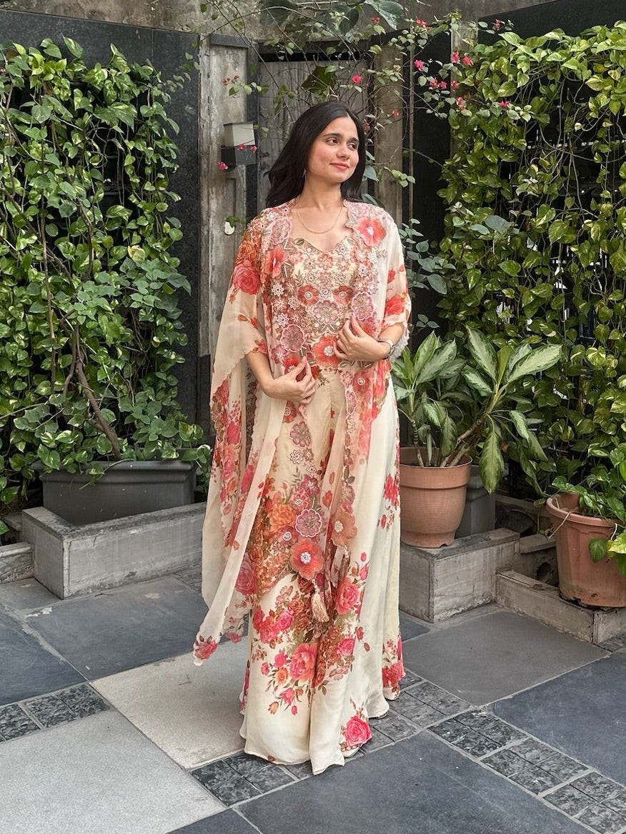 Floral embroidered top, pants with cape designer set for mehendi, carnival, haldi, etc