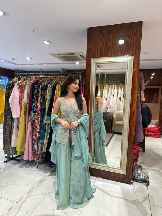 Neera Sea Blue Mirror Embroidered Palazzo Set