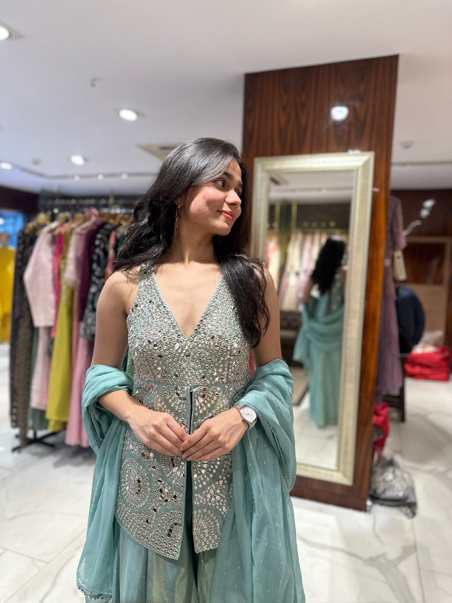 Neera Sea Blue Mirror Embroidered Palazzo Set