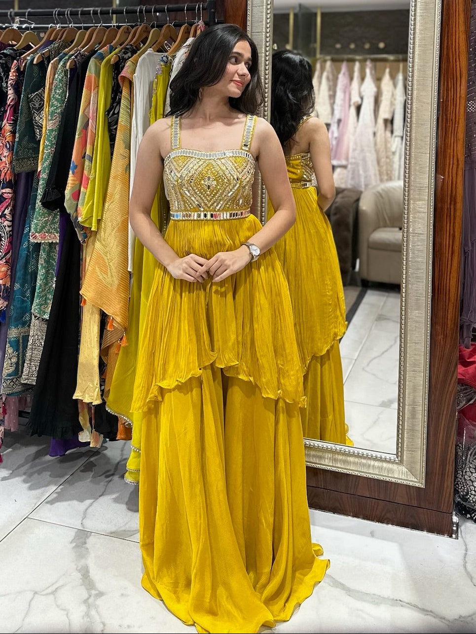 Indo-western designer mirror outfit for haldi, mehendi, bridesmaid vibes