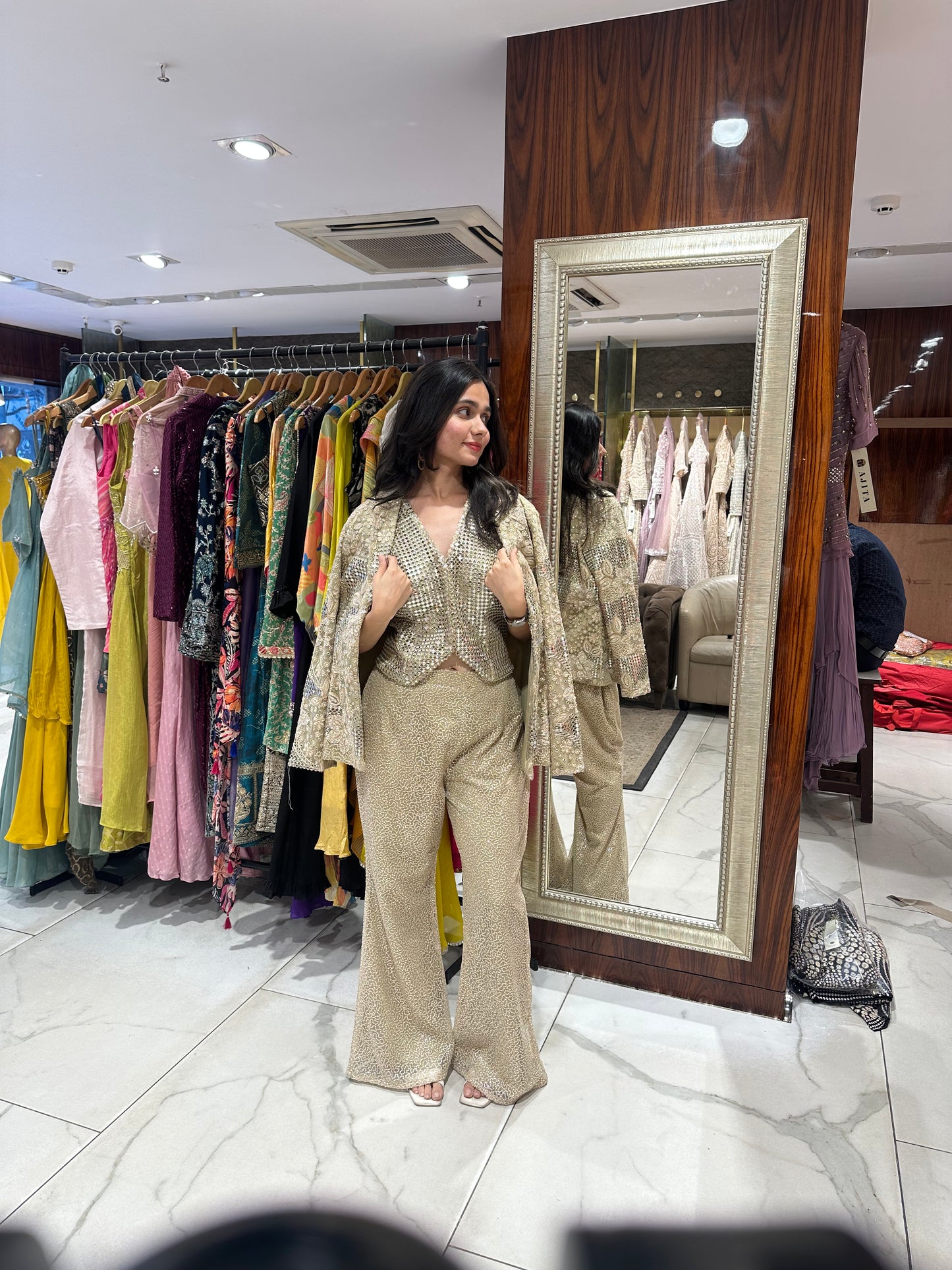 Varee Beige Gold Sequinned Blazer Pant Set