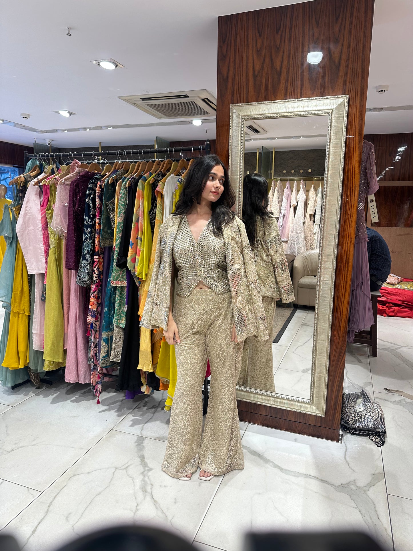 Varee Beige Gold Sequinned Blazer Pant Set