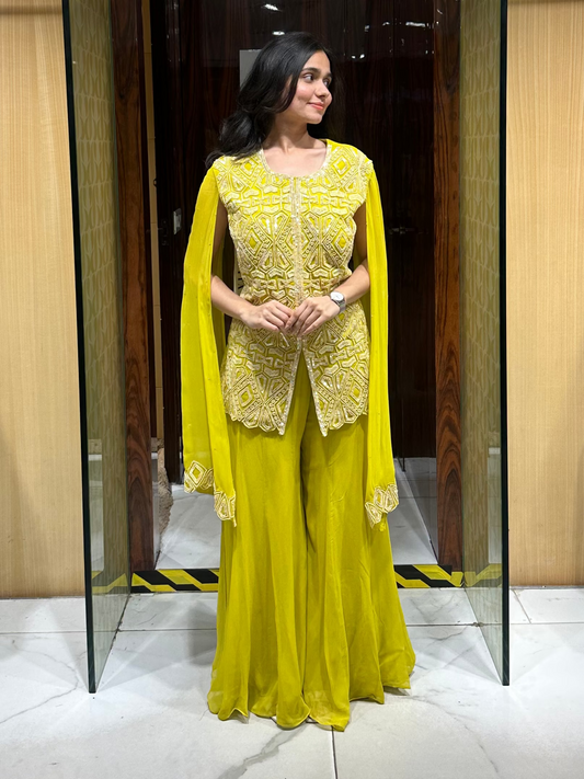 Indo-western designer outfit for mehendi, haldi, lunches, trousseau