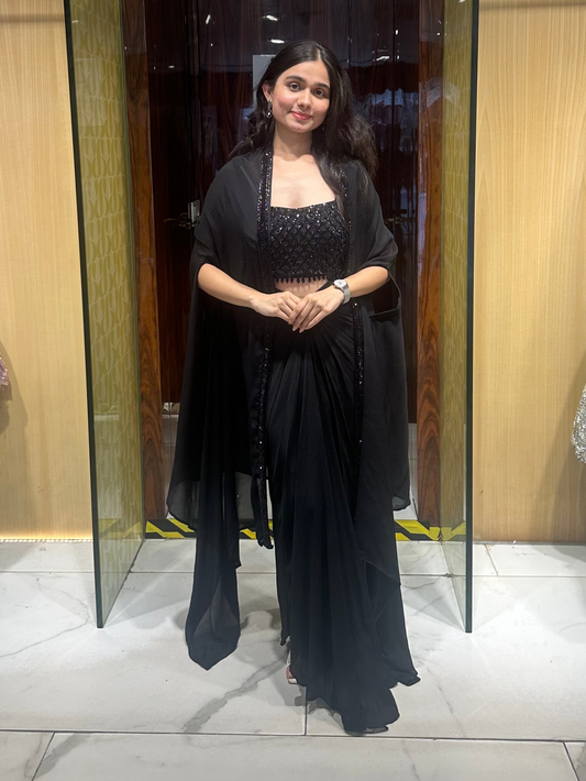 Black indo-western cape and skirt set for cocktail vibes