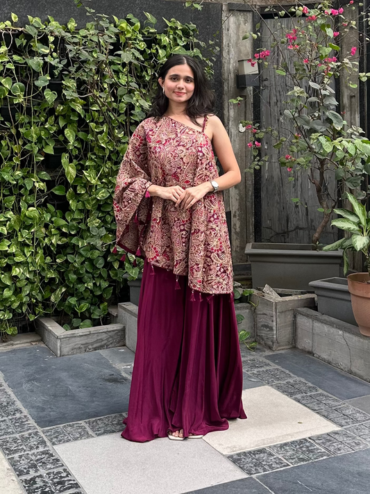 One-shoulder indo-western vibe for mehendi, haldi, carnival, wedding guest looks for events, trousseau