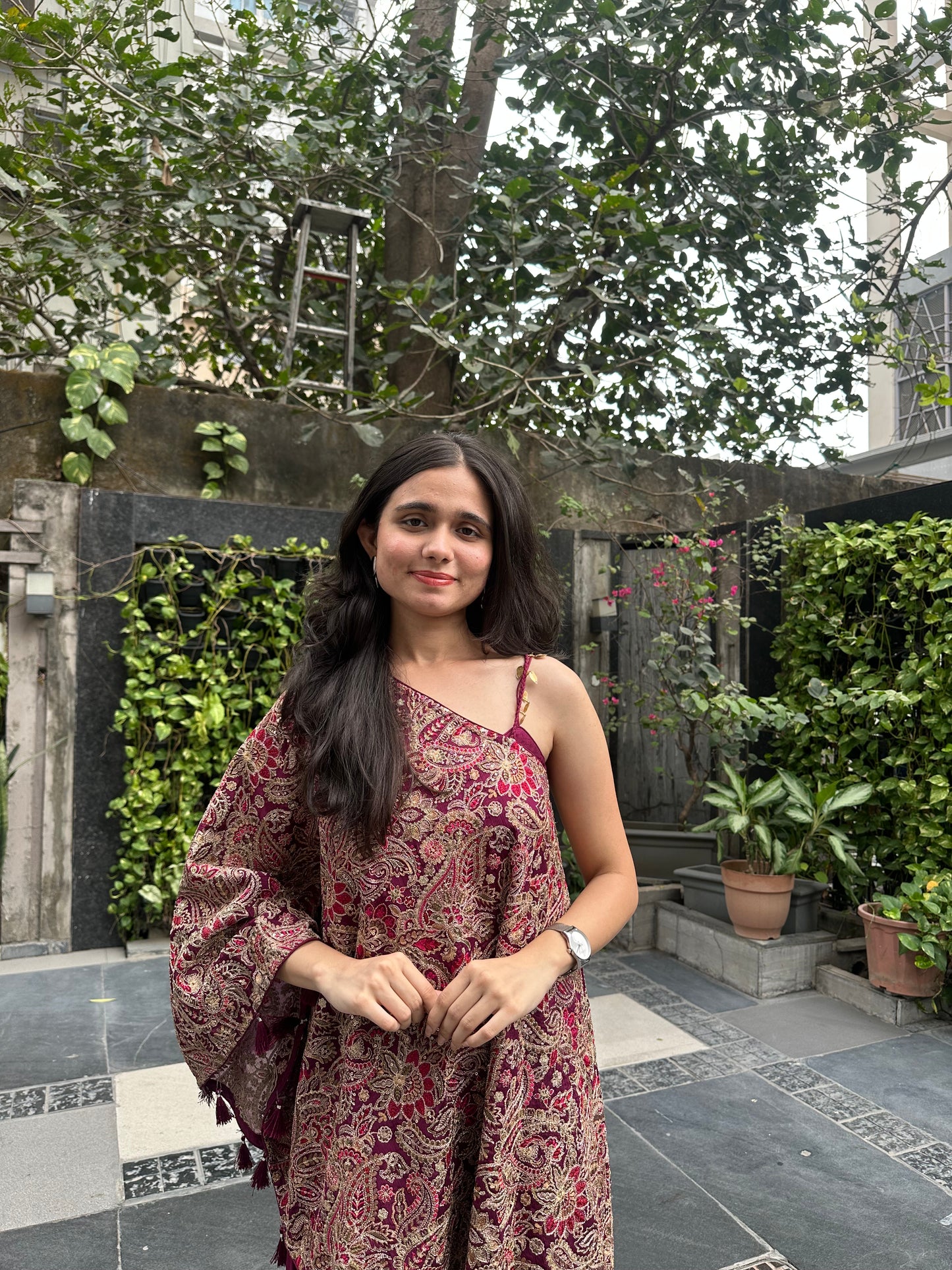 Viji Wine One Shoulder Indo-western Set