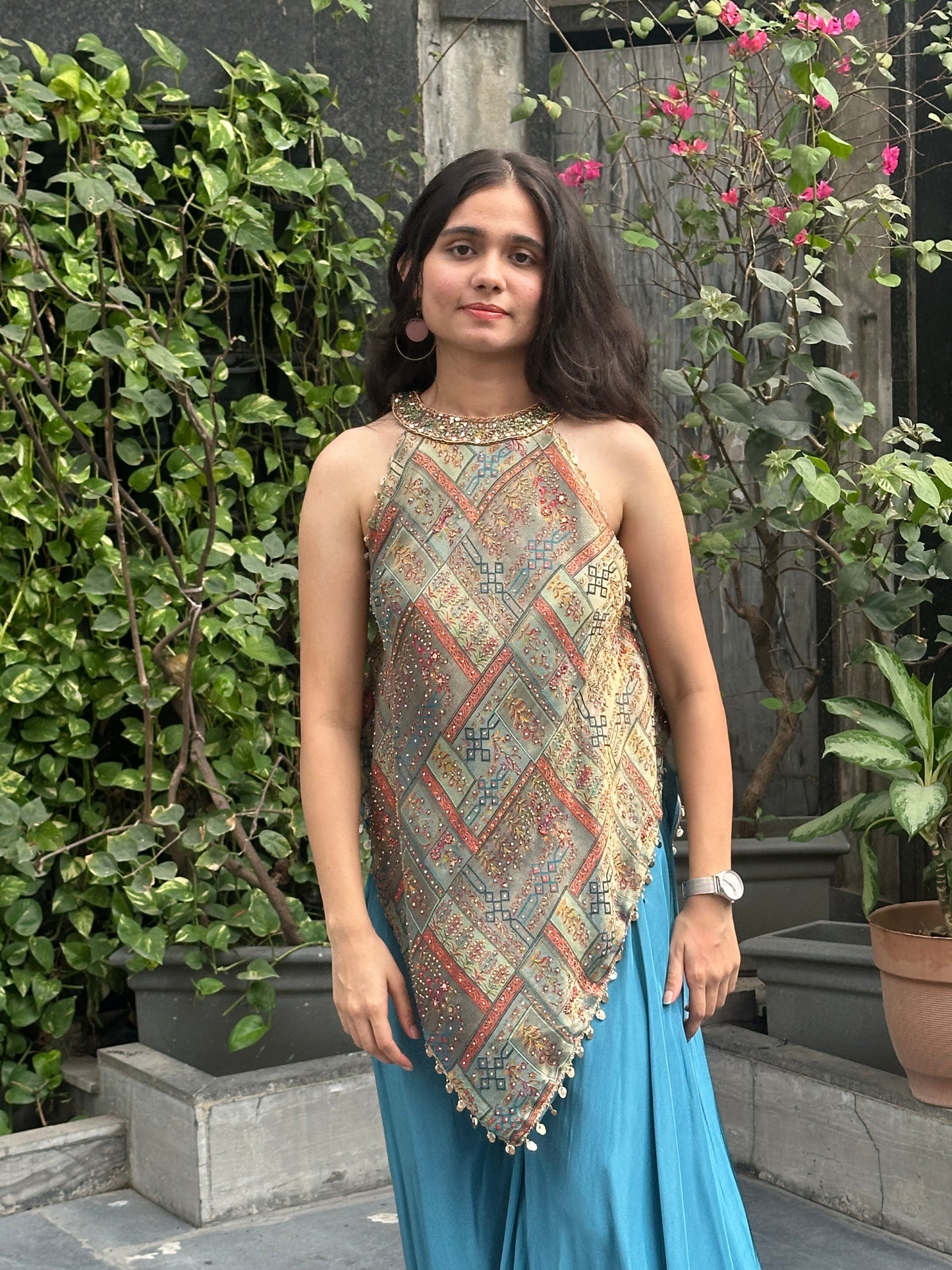 Vriti Sea Blue Multicolour Halter Palazzo Set (Colours available)