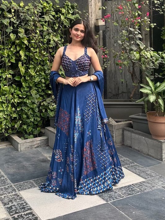 Printed bridesmaid lehenga for sangeet or wedding vibes and siders for pool party vibes