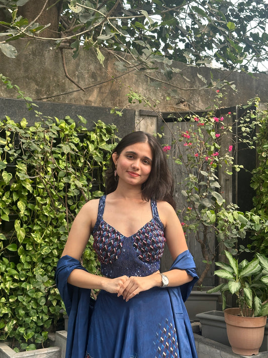 Neeli Blue Ajrakh Printed Lehenga Set