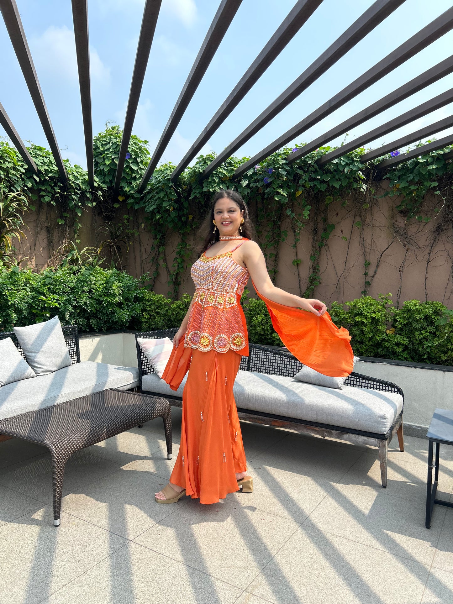 Pricha – Bright Orange Indo-Western Co-ord Set with Pop Multicolour Embroidery