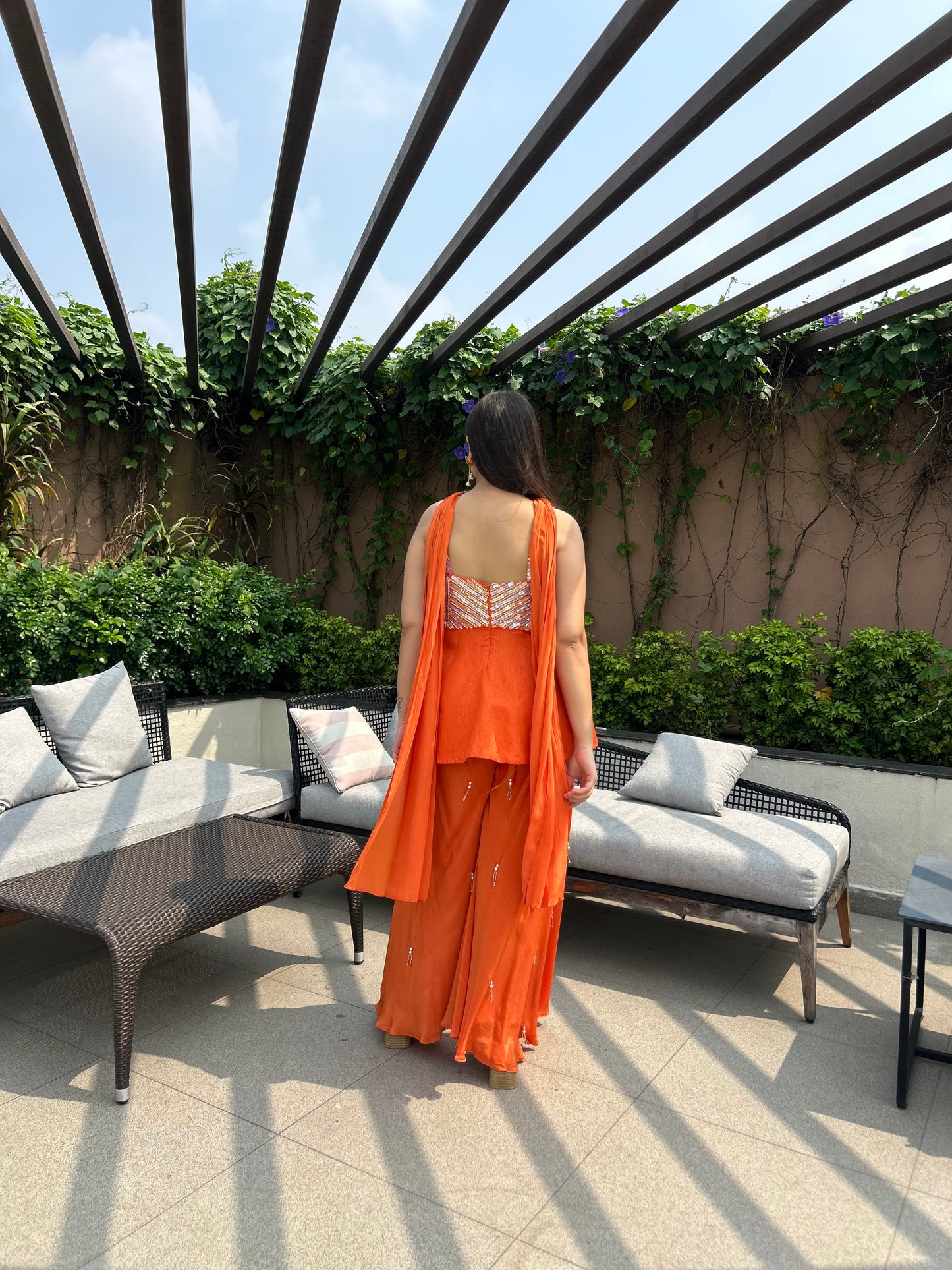 Pricha – Bright Orange Indo-Western Co-ord Set with Pop Multicolour Embroidery