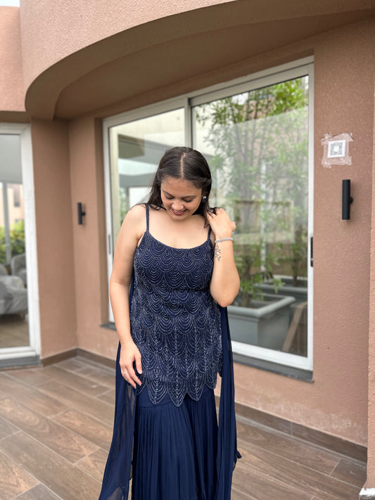 Lisha – Navy Blue Indo-Western Glamorous Cocktail Set