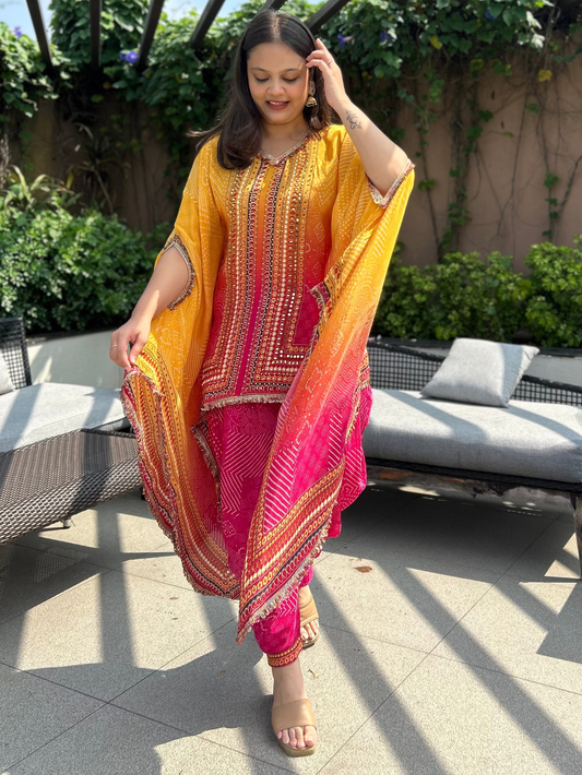 Festive Vibrant Kaftan with dhoti set perfect for mehendi, haldi, carnival