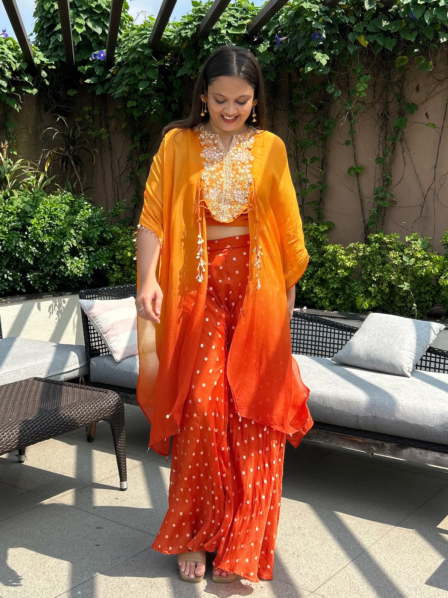 Rust-Orange, ombre shaded indo-western set. Perfect for Lunches and Mehendi, Haldi, Carnival, Trousseau, vibes, etc