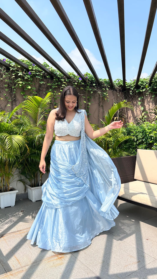 Kaisha Sky Blue Pearl Work Drape Lehenga Set