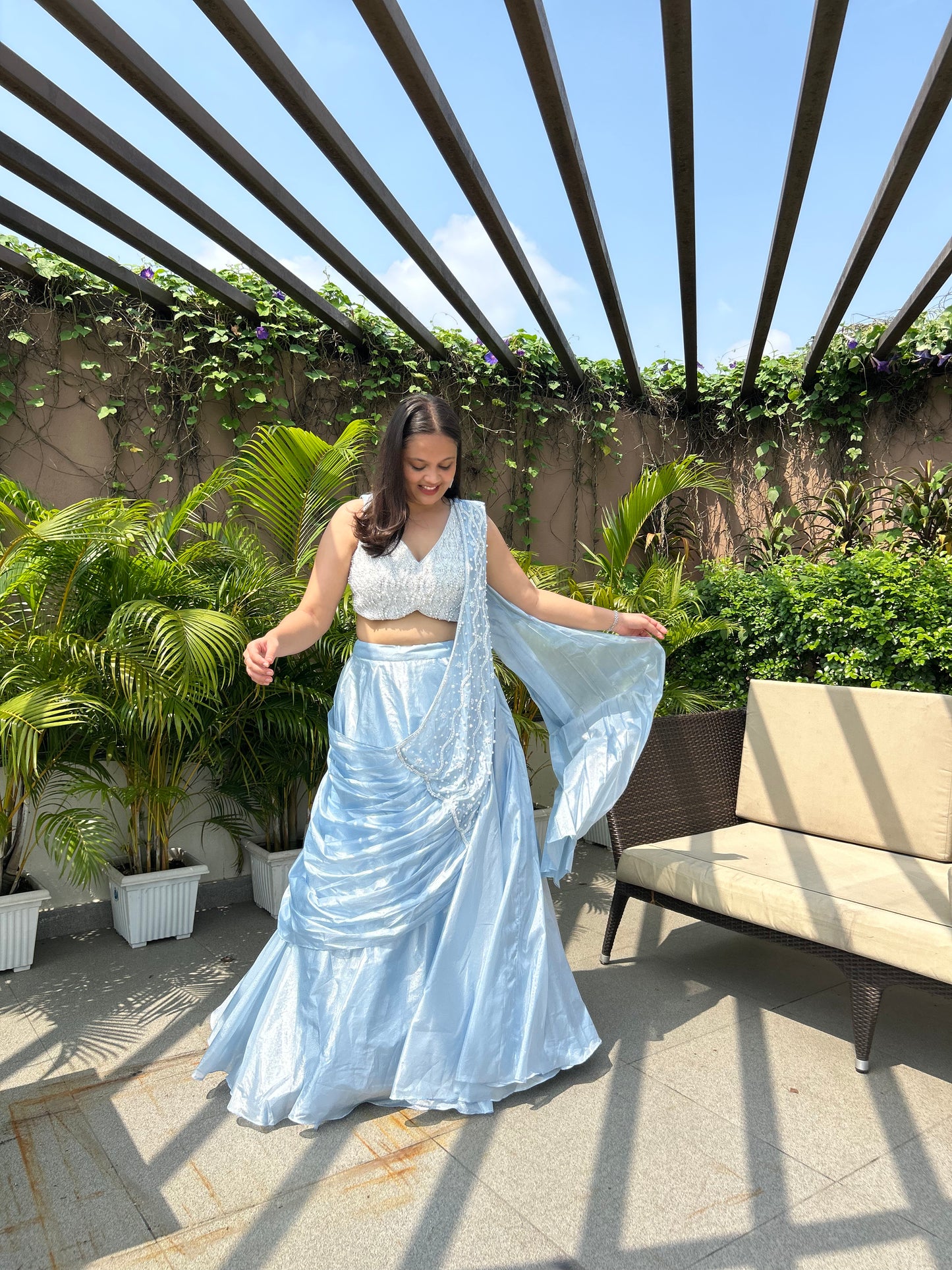 Kaisha Sky Blue Pearl Work Drape Lehenga Set