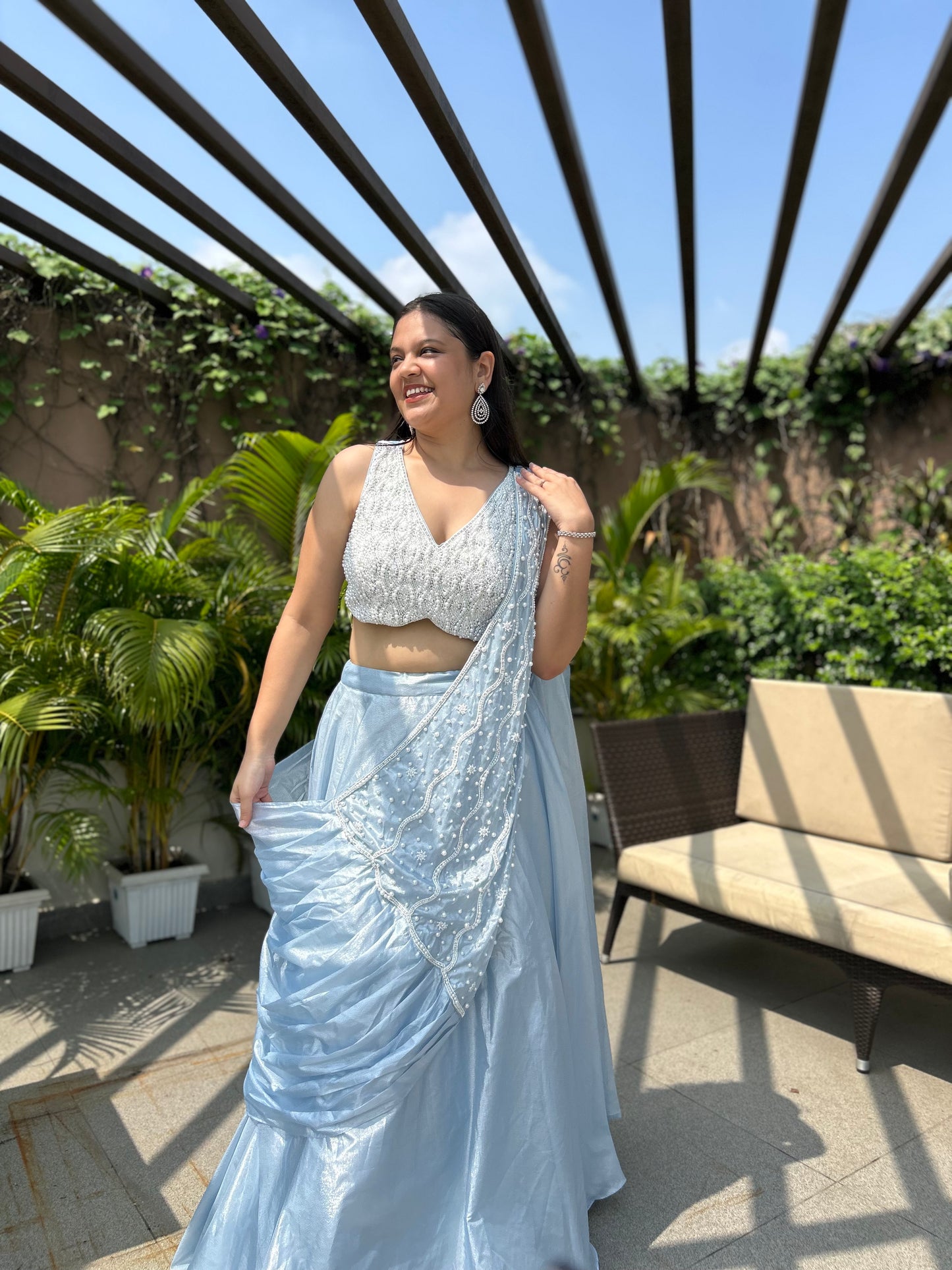 Kaisha Sky Blue Pearl Work Drape Lehenga Set