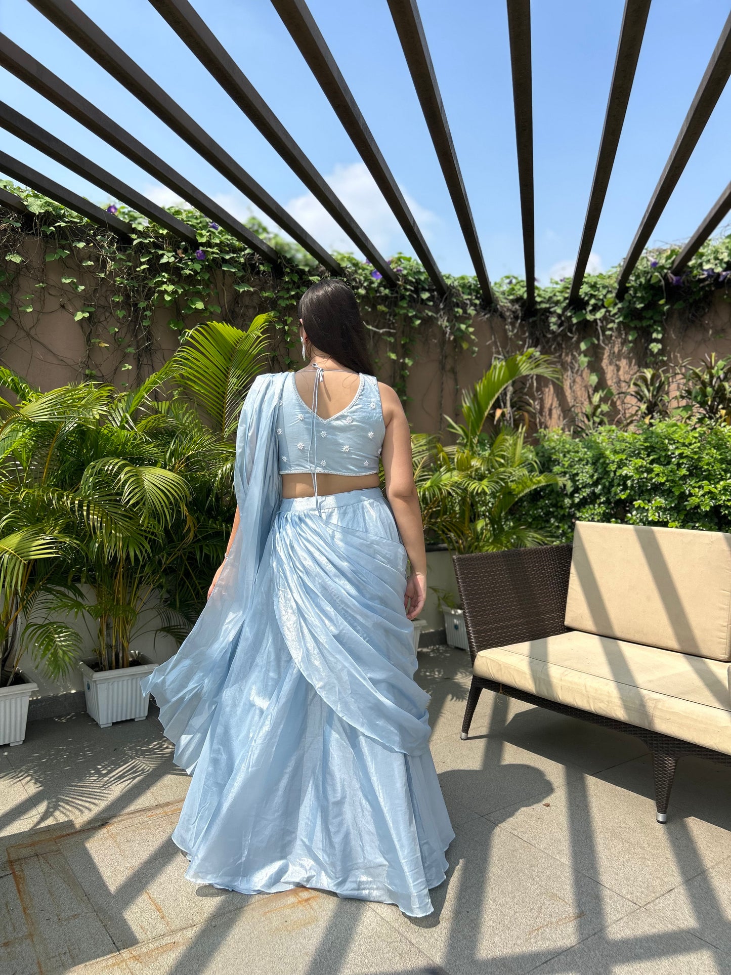 Kaisha Sky Blue Pearl Work Drape Lehenga Set