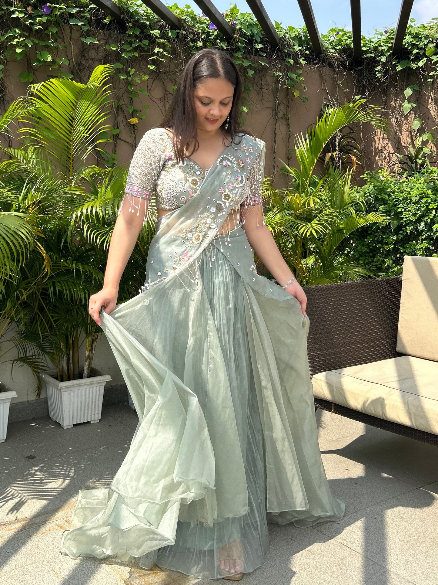 Carnival and mehendi outfit in our drape lehenga with multicoloured embroidery for a fun quirky vibe