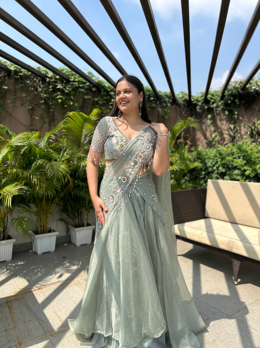Saanvi Pistachio Green Embellished Drape Lehenga Set