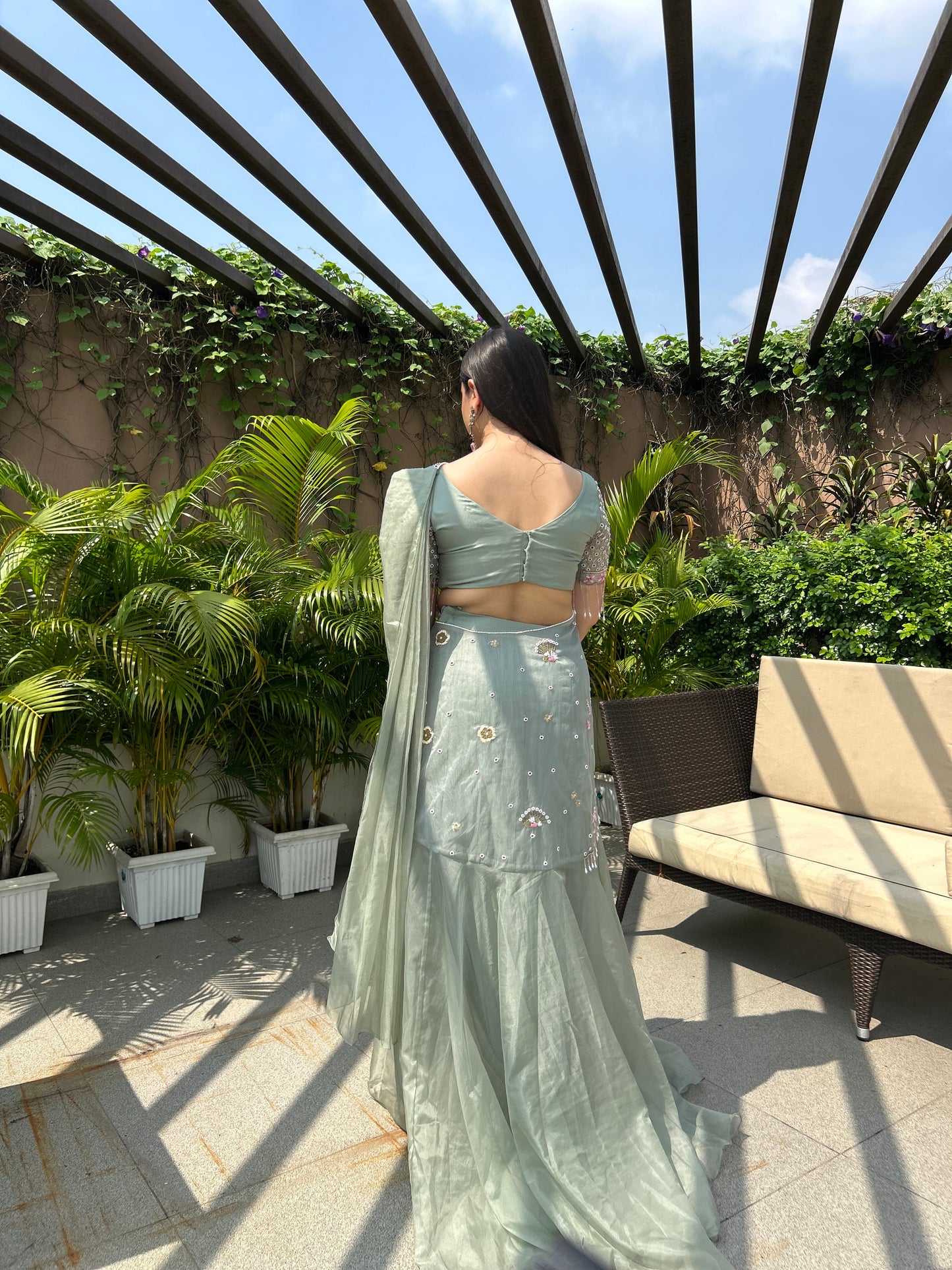 Saanvi Pistachio Green Embellished Drape Lehenga Set