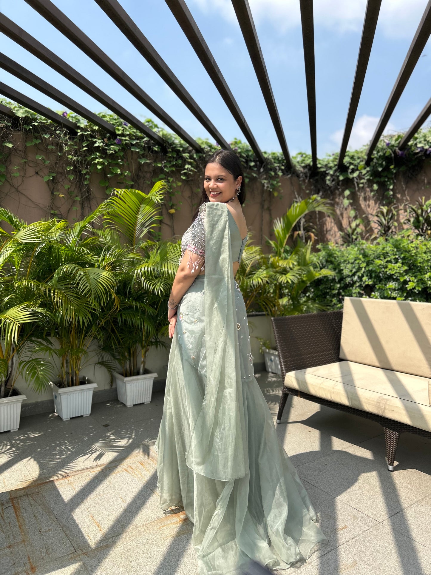 Saanvi Pistachio Green Embellished Drape Lehenga Set