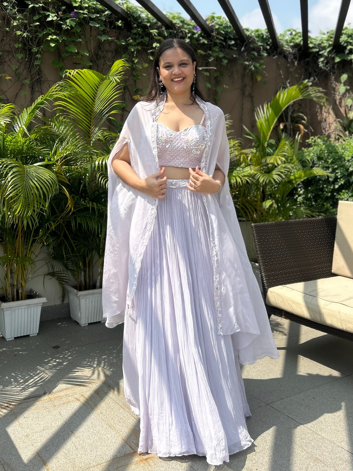 Blouse, crushed skirt, cape. Perfect for the brides mehendi, haldi or carnival look and the bridesmaids vibe for the sangeet or wedding