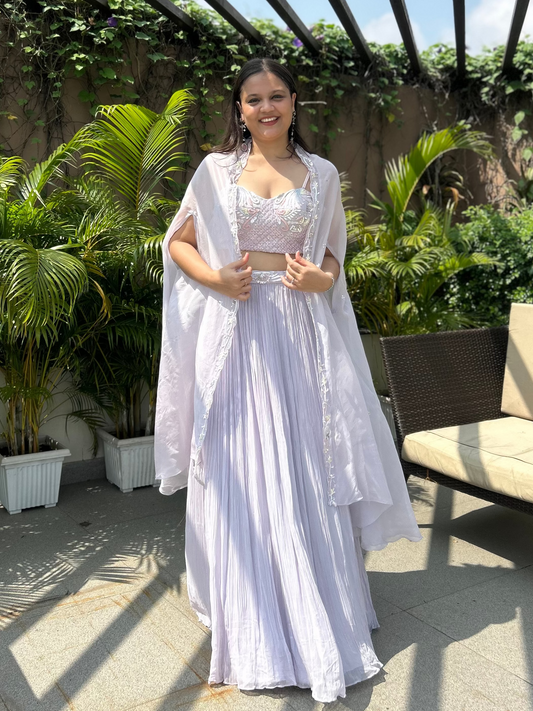 Blouse, crushed skirt, cape. Perfect for the brides mehendi, haldi or carnival look and the bridesmaids vibe for the sangeet or wedding