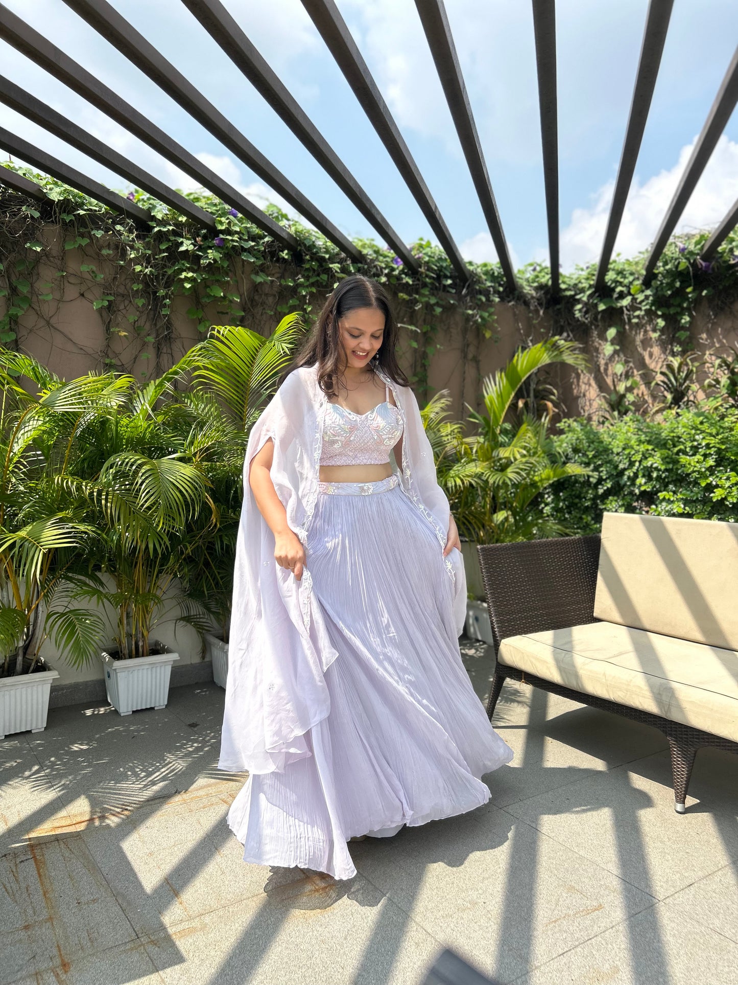 Hailey Lavender Organza Lehenga Set with Embroidered Cape