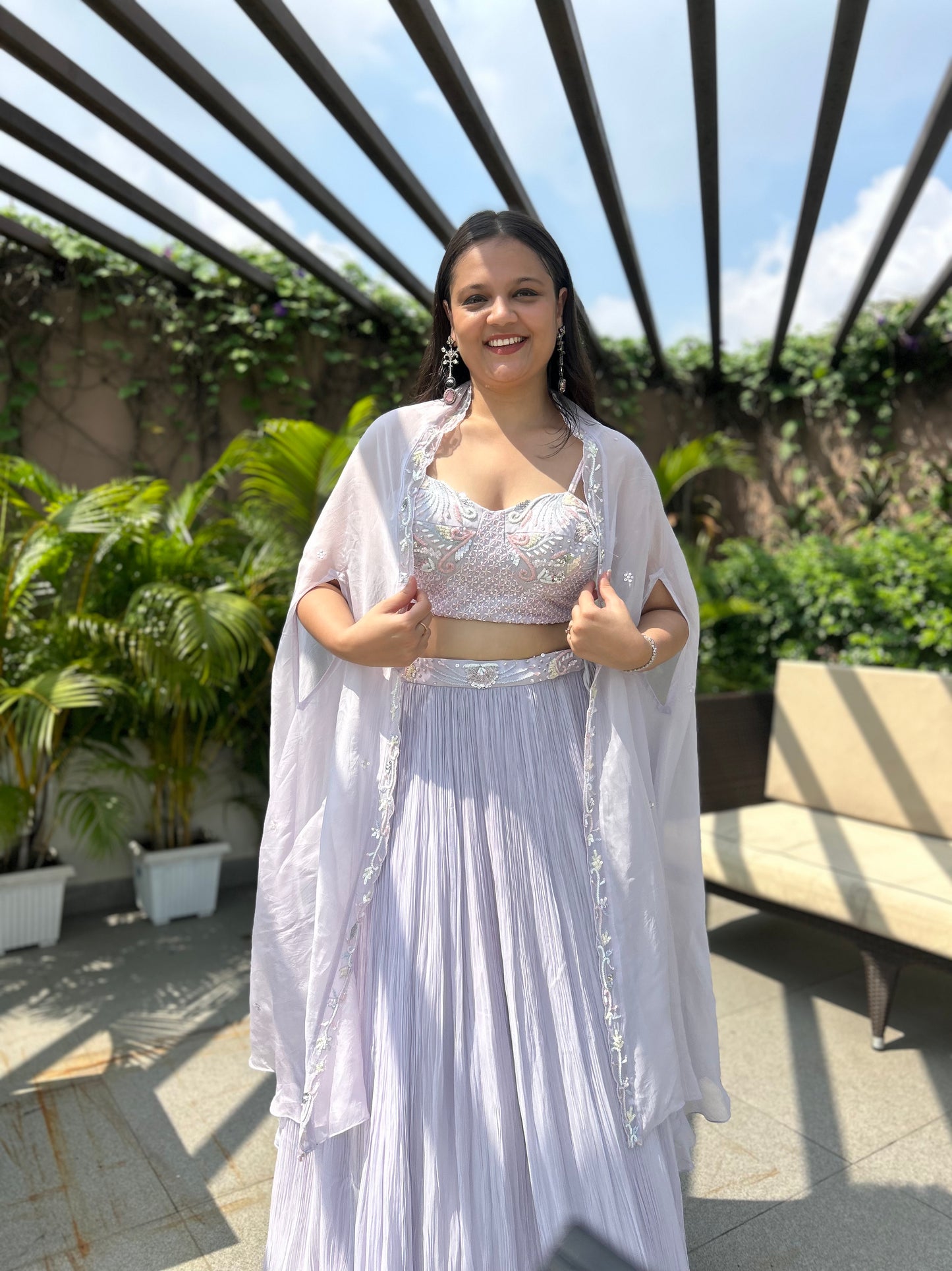 Hailey Lavender Organza Lehenga Set with Embroidered Cape