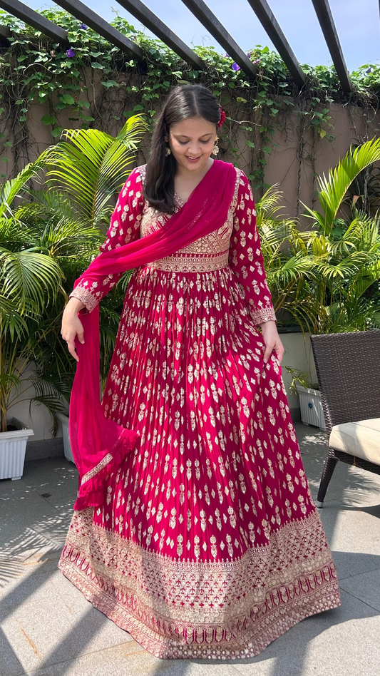 Designer anarkali gown set perfect for evenings, sangeet vibes, bhaat, mehendi, kirtan