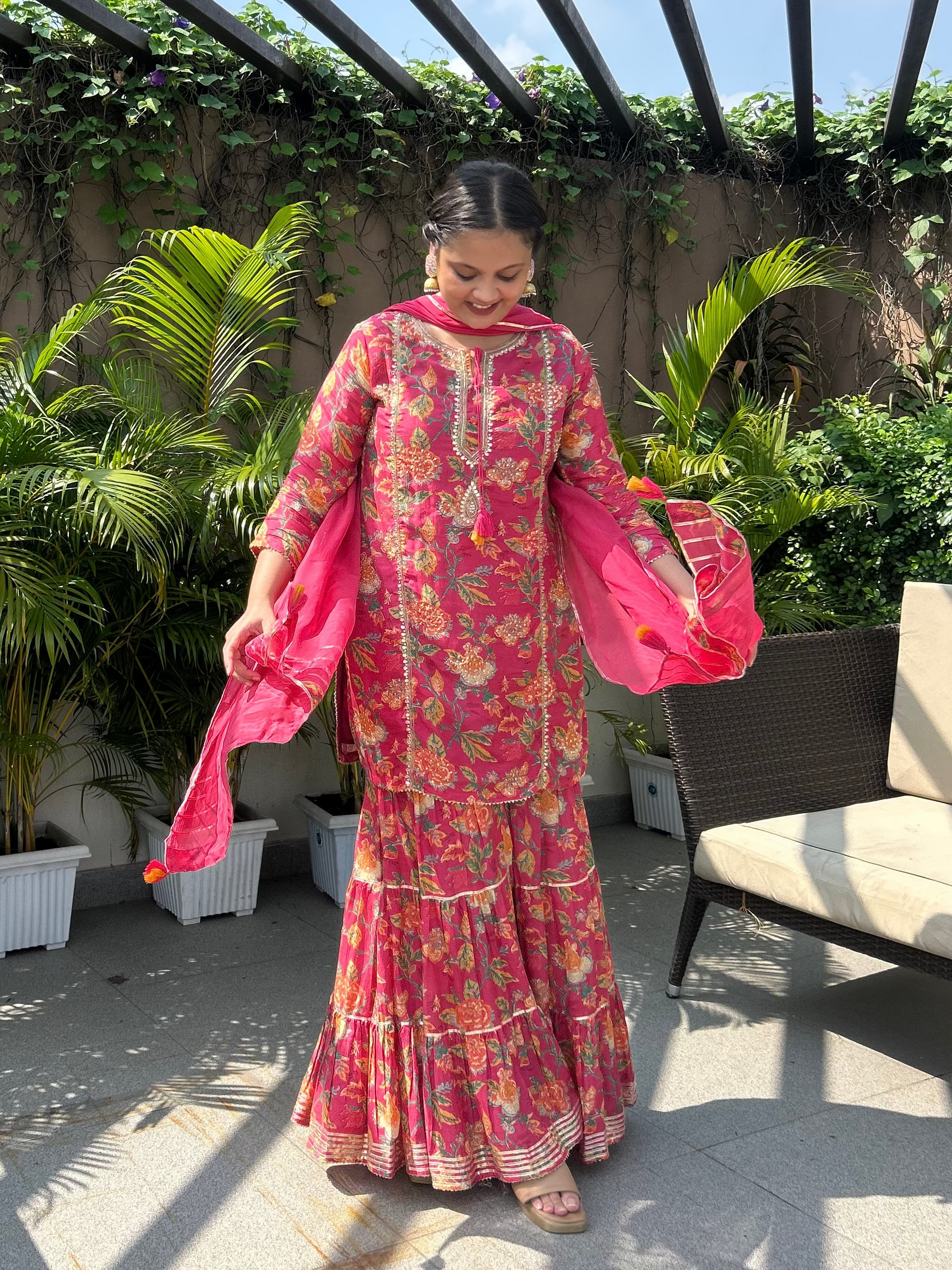 Floral printed gharara set perfect for haldi, mehendi, carnival, kirtan for bridesmaids or for chill wedding unches